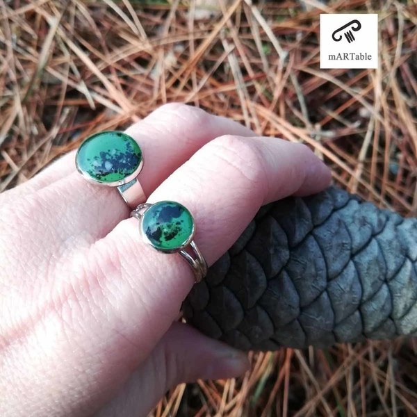 G R E E N resin ring with black precious stones-Χειροποίητο δαχτυλίδι με φυσικές ημιπολύτιμες πέτρες! - ημιπολύτιμες πέτρες, ορείχαλκος, χειροποίητα, αυξομειούμενα, φθηνά - 2