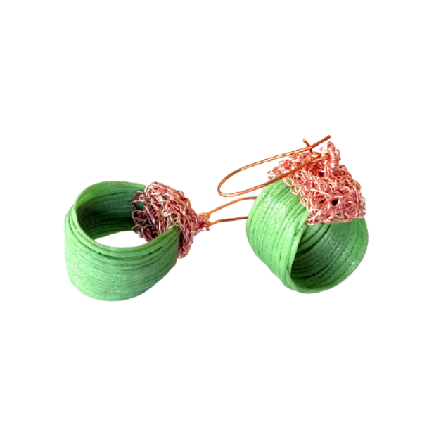 Σκουλαρίκια Green-Gold - κερωμένα κορδόνια, σύρμα, κορδόνια, κρεμαστά, πλεκτή - 3