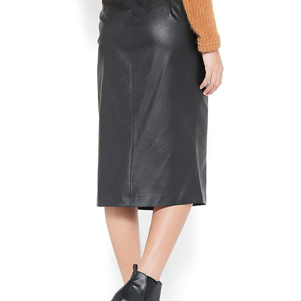 Μαύρη μίντι φούστα με σκίσιμο μπροστά τύπου δερμάτινη - chic, δώρο, midi - 4