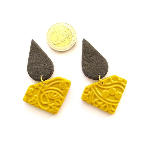 Mustard and black earrings - πηλός, boho, κρεμαστά, faux bijoux - 2