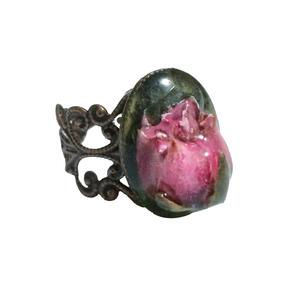 Δαχτυλίδι με αληθινό αποξηραμένο τριανταφυλλάκι - τριαντάφυλλο, χειροποίητα, αποξηραμένα άνθη, αυξομειούμενα