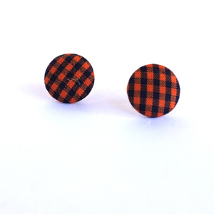 Υφασμάτινα Σκουλαρίκια Κουμπιά Πορτοκαλί-Μαύρο Καρώ - καρφωτά, φθηνά, ύφασμα