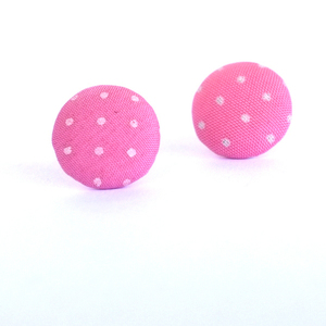 Υφασμάτινα Σκουλαρίκια Κουμπιά Ροζ Πουά - καρφωτά, φθηνά, ύφασμα