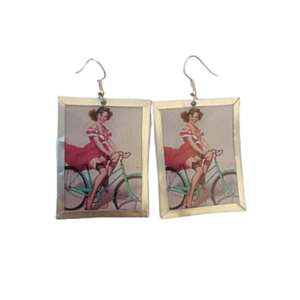 Σκουλαρίκια vintage pin up στυλ γυναίκα σε ποδήλατο από αλουμίνιο - επάργυρα, καθημερινό, must αξεσουάρ, κρεμαστά, μεγάλα, faux bijoux