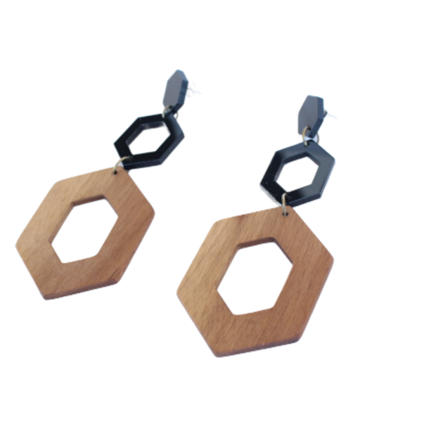 Ξύλινα καρφωτά σκουλαρίκια με plexiglassdawd - ξύλο, plexi glass, κρεμαστά, μεγάλα, μεγάλα σκουλαρίκια