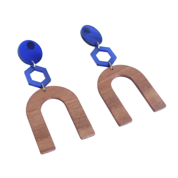 Ξύλινα καρφωτά σκουλαρίκια με plexiglass - ξύλο, plexi glass, κρεμαστά, μεγάλα σκουλαρίκια - 2