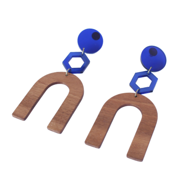 Ξύλινα καρφωτά σκουλαρίκια με plexiglass - ξύλο, plexi glass, κρεμαστά, μεγάλα σκουλαρίκια - 3