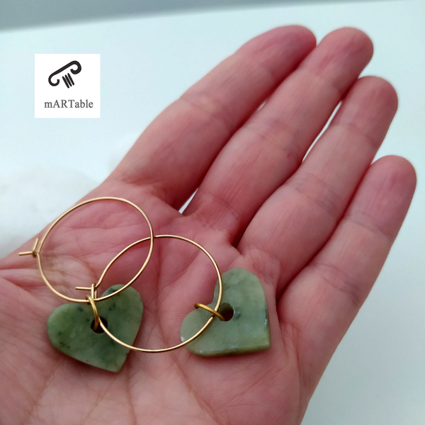 Σκουλαρίκια κρεμαστά πράσινες καρδιές από Ελληνικό μάρμαρο και ατσάλι - επιχρυσωμένα, καρδιά, κρίκοι, πέτρες, μικρά, ατσάλι - 4