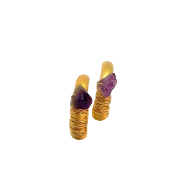 purple in gold - ημιπολύτιμες πέτρες, αμέθυστος, επιχρυσωμένα, κρίκοι - 3