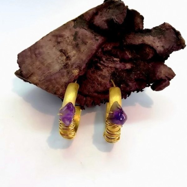 purple in gold - ημιπολύτιμες πέτρες, αμέθυστος, επιχρυσωμένα, κρίκοι - 4