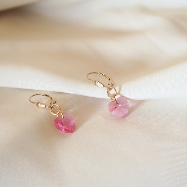 Vintage Ροζ Swarowski Σκουλαρίκια Καρδιές - επιχρυσωμένα, κοσμήματα, νυφικά - 2