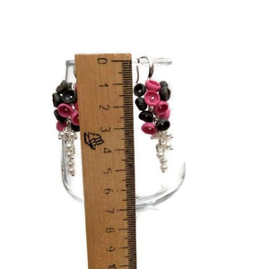 Σκουλαρίκια από πολυμερικό πηλό σε γκρι - ροζ χρωμα - μακριά, boho, κρεμαστά, γάντζος, μεγάλα σκουλαρίκια - 5