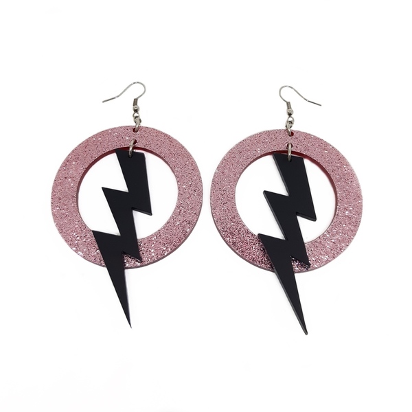 Plexiglass κύκλοι με ροζ glitter και μαύρες ματ αστραπές - μακριά, κρεμαστά, faux bijoux