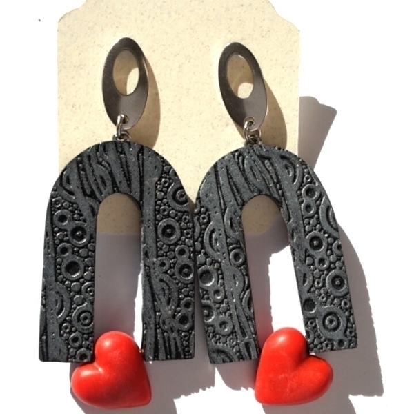 Arch Earrings, Valentine's Day Earrings, Heart Earrings - πηλός, μακριά, ατσάλι, κρεμαστά - 2