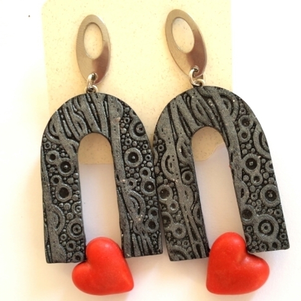 Arch Earrings, Valentine's Day Earrings, Heart Earrings - πηλός, μακριά, ατσάλι, κρεμαστά - 3