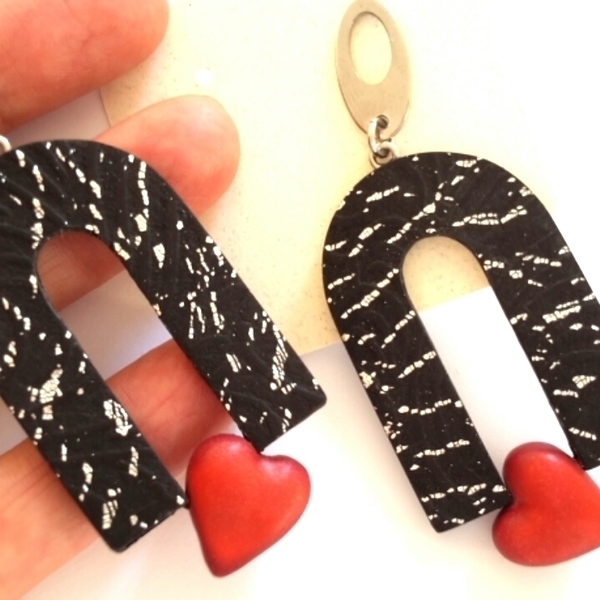 Arch Earrings, Valentine's Day Earrings, Heart Earrings - πηλός, μακριά, ατσάλι, κρεμαστά - 2