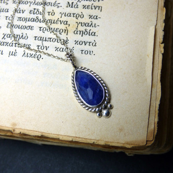 " Blue Sapphire " - Χειροποίητο μενταγιόν από ασήμι 925 και Ζαφείρι! - πέτρα, ασήμι 925, κοντά - 5