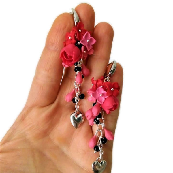 Σκουλαρίκια από πολυμερικό πηλό σε κοκκινο-ροζ χρωμα - πηλός, χειροποίητα, μακριά, ατσάλι, κρεμαστά - 2