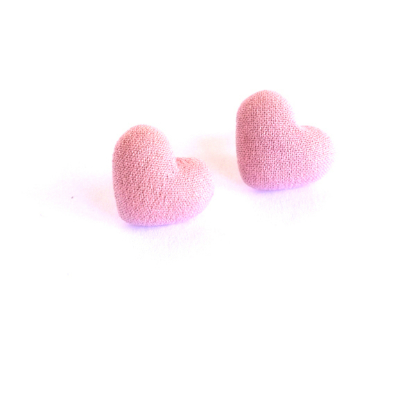Υφασμάτινα Σκουλαρίκια Καρδιά-Κουμπιά Ροζ - ύφασμα, καρφωτά, δώρα αγίου βαλεντίνου, φθηνά