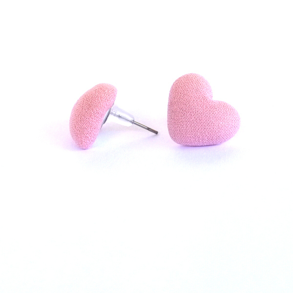 Υφασμάτινα Σκουλαρίκια Καρδιά-Κουμπιά Ροζ - ύφασμα, καρφωτά, δώρα αγίου βαλεντίνου, φθηνά - 2