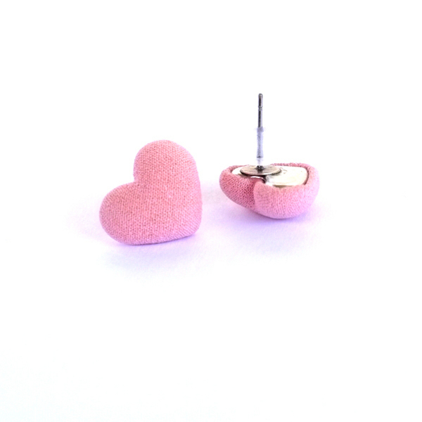 Υφασμάτινα Σκουλαρίκια Καρδιά-Κουμπιά Ροζ - ύφασμα, καρφωτά, δώρα αγίου βαλεντίνου, φθηνά - 3