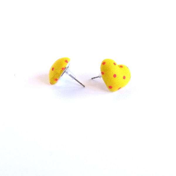 Υφασμάτινα Σκουλαρίκια Καρδιά-Κουμπιά Κίτρινα - ύφασμα, καρφωτά, δώρα αγίου βαλεντίνου, φθηνά - 2