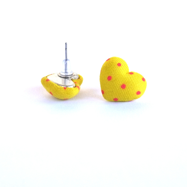 Υφασμάτινα Σκουλαρίκια Καρδιά-Κουμπιά Κίτρινα - ύφασμα, καρφωτά, δώρα αγίου βαλεντίνου, φθηνά - 3