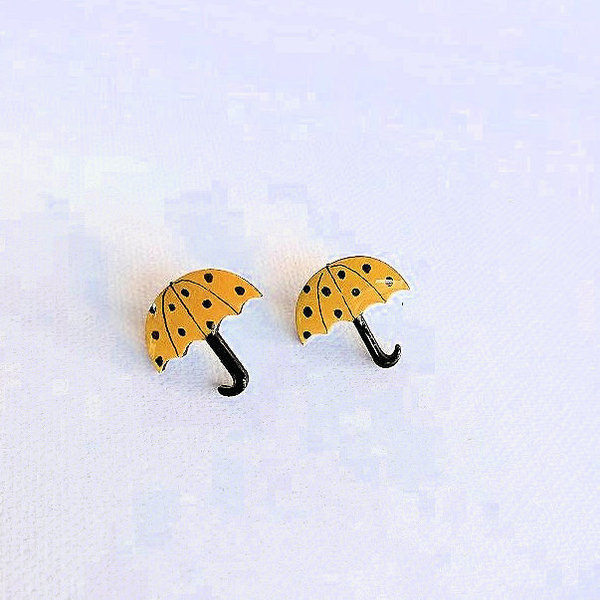 Stud earrings “Mini Umbrellas”. - ξύλο, γυαλί, ζωγραφισμένα στο χέρι, καρφωτά, μικρά, καρφάκι - 3