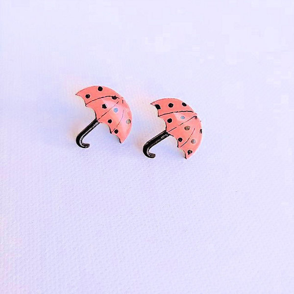 Stud earrings “Mini Umbrellas”. - ξύλο, γυαλί, ζωγραφισμένα στο χέρι, καρφωτά, μικρά, καρφάκι - 4
