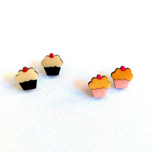 Stud earrings “Mini Cupcakes”. - ξύλο, γυαλί, καρφωτά