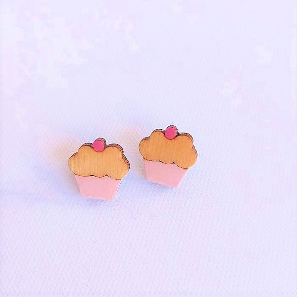 Stud earrings “Mini Cupcakes”. - ξύλο, γυαλί, καρφωτά - 3