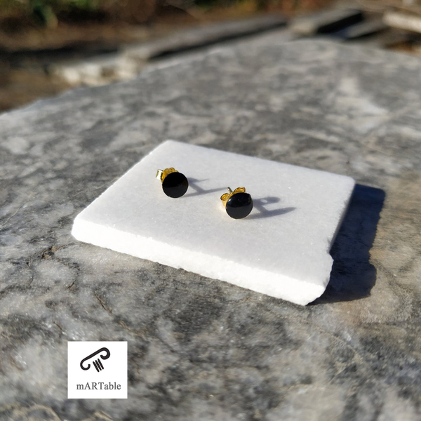 C I R C L E Black Stone Earrings 925-Χειροποίητα Σκουλαρίκια μινιμαλ από Φυσικό Πέτρωμα! - ασήμι, γυαλί, επιχρυσωμένα, πέτρες, καρφωτά - 2
