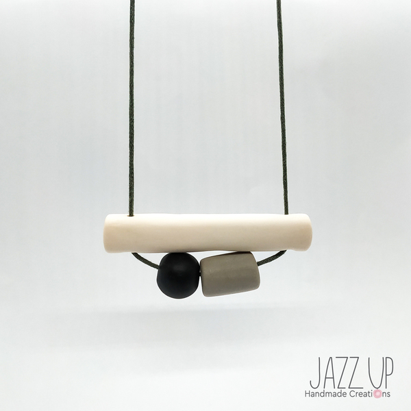 "Grey Balance Necklace" - Μίνιμαλ ασπρόμαυρο κολιέ από πολυμερή πηλό - μοντέρνο, πηλός, μακριά, minimal, φθηνά - 2