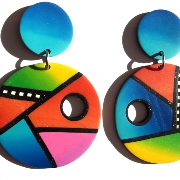 Color Block Earrings, Polymer Clay Earrings - πηλός, ατσάλι, κρεμαστά, μεγάλα