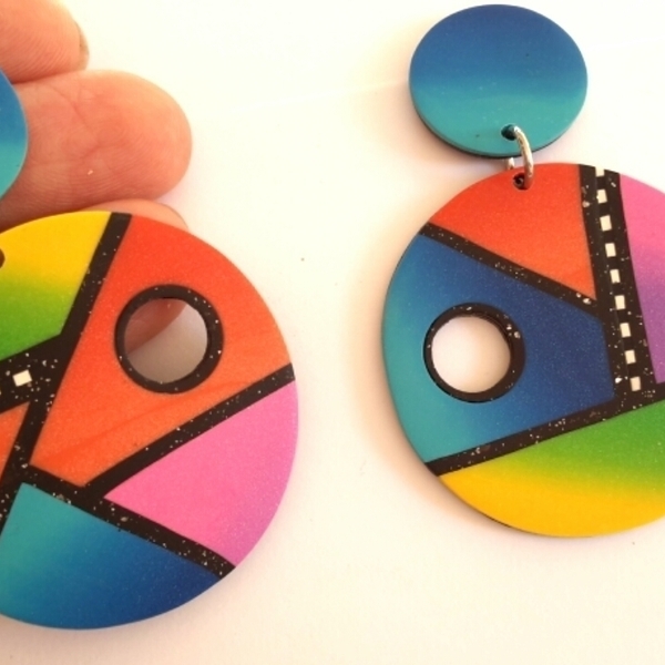 Color Block Earrings, Polymer Clay Earrings - πηλός, ατσάλι, κρεμαστά, μεγάλα - 2