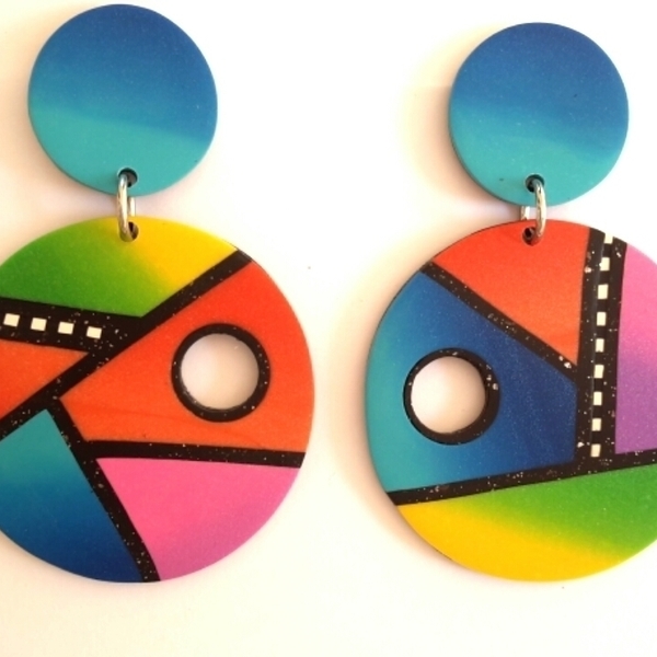 Color Block Earrings, Polymer Clay Earrings - πηλός, ατσάλι, κρεμαστά, μεγάλα - 4