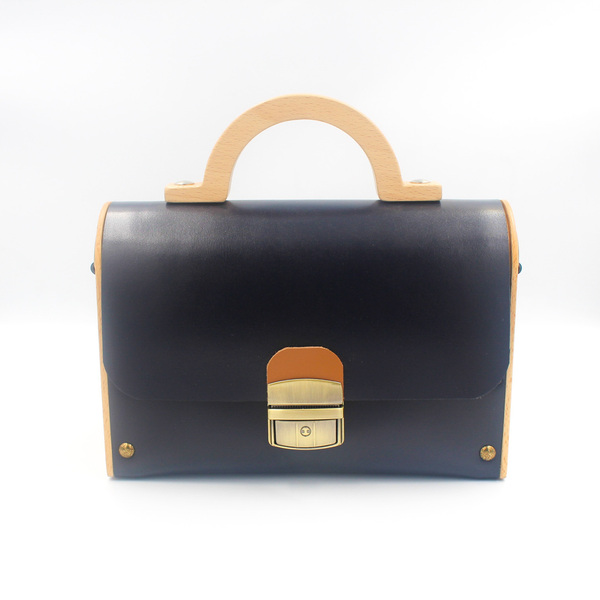 Γυναικεία τσάντα με ξύλο και δέρμα σε σκούρο μπλέ χρώμα - δέρμα, ξύλο, χιαστί - 3
