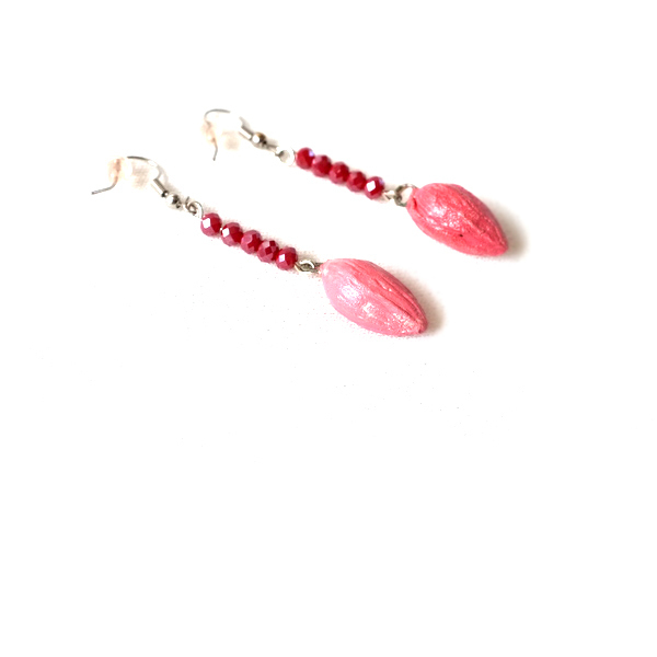 Σκουλαρίκια ροζ ελιές - ζωγραφισμένα στο χέρι, πηλός, κρεμαστά