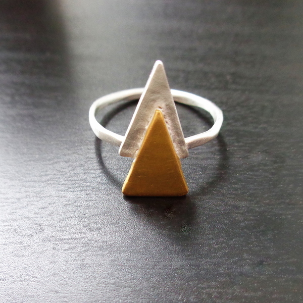Δαχτυλίδι διπλό τρίγωνο - ασήμι, επιχρυσωμένα, γεωμετρικά σχέδια, μικρά, boho, σταθερά, φθηνά - 2