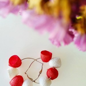 Red white silk cocoon earrings - κρίκοι, ατσάλι, boho