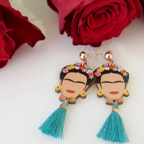 Σκουλαρίκια Frida Kahlo με φουντίτσα - με φούντες, boho, κρεμαστά, frida kahlo - 4