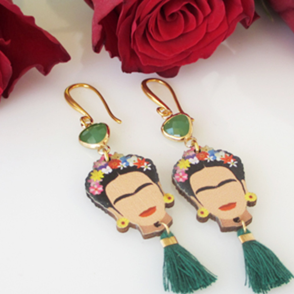 Σκουλαρίκια Frida Kahlo με κρυσταλλάκι και φουντίτσα - επιχρυσωμένα, boho, κρεμαστά, frida kahlo - 3