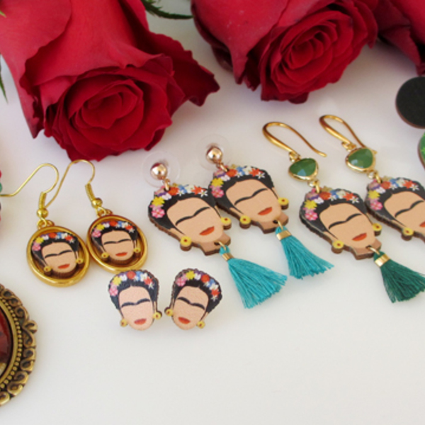Σκουλαρίκια Frida Kahlo με κρυσταλλάκι και φουντίτσα - επιχρυσωμένα, boho, κρεμαστά, frida kahlo - 4