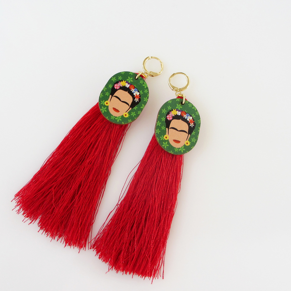 Μακριά σκουλαρίκια Frida Kahlo με κόκκινη φούντα - επιχρυσωμένα, boho, κρεμαστά, frida kahlo