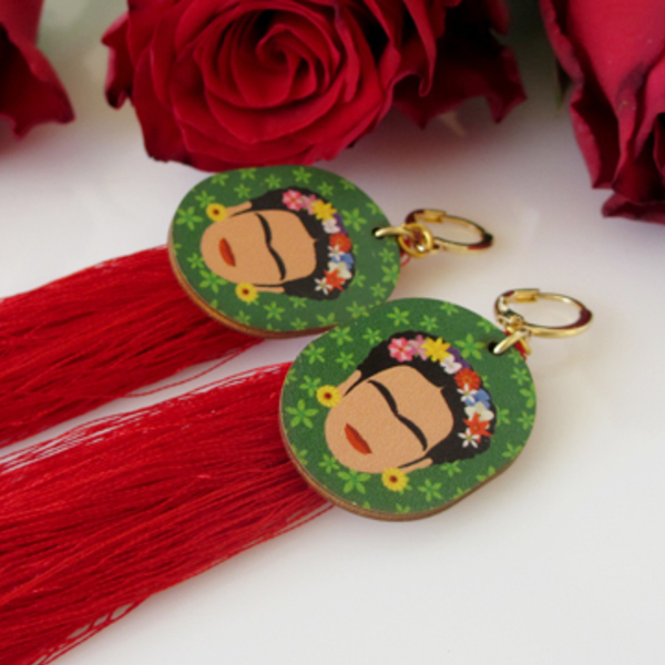Μακριά σκουλαρίκια Frida Kahlo με κόκκινη φούντα - επιχρυσωμένα, boho, κρεμαστά, frida kahlo - 3