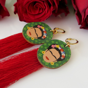 Μακριά σκουλαρίκια Frida Kahlo με κόκκινη φούντα - ξύλο, με φούντες, κρεμαστά, γάντζος - 3