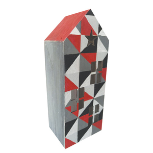 Ξύλινο Σπίτι διακοσμητικό με γεωμετρικά σε λευκό - μαύρο - γκρι- κόκκινο - ξύλο, διακόσμηση, διακοσμητικά, πασχαλινά δώρα, διακόσμηση σαλονιού