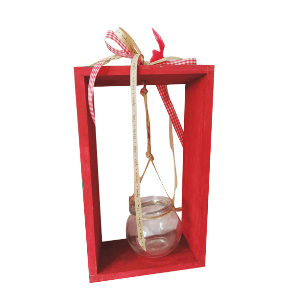 Ξύλινο Ορθογώνιο διακοσμητικό με κρεμαστό βαζάκι σε πρασινο-κοκκινο χρώμα - ξύλο, δώρο, διακοσμητικά, κεριά, διακόσμηση σαλονιού