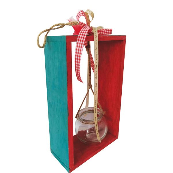Ξύλινο Ορθογώνιο διακοσμητικό με κρεμαστό βαζάκι σε πρασινο-κοκκινο χρώμα - ξύλο, δώρο, διακοσμητικά, κεριά, διακόσμηση σαλονιού - 2