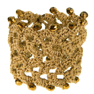 Χειροποίητο πλεκτό βραχιόλι με χρυσά κρύσταλλα - χρυσό - crochet, φαρδιά